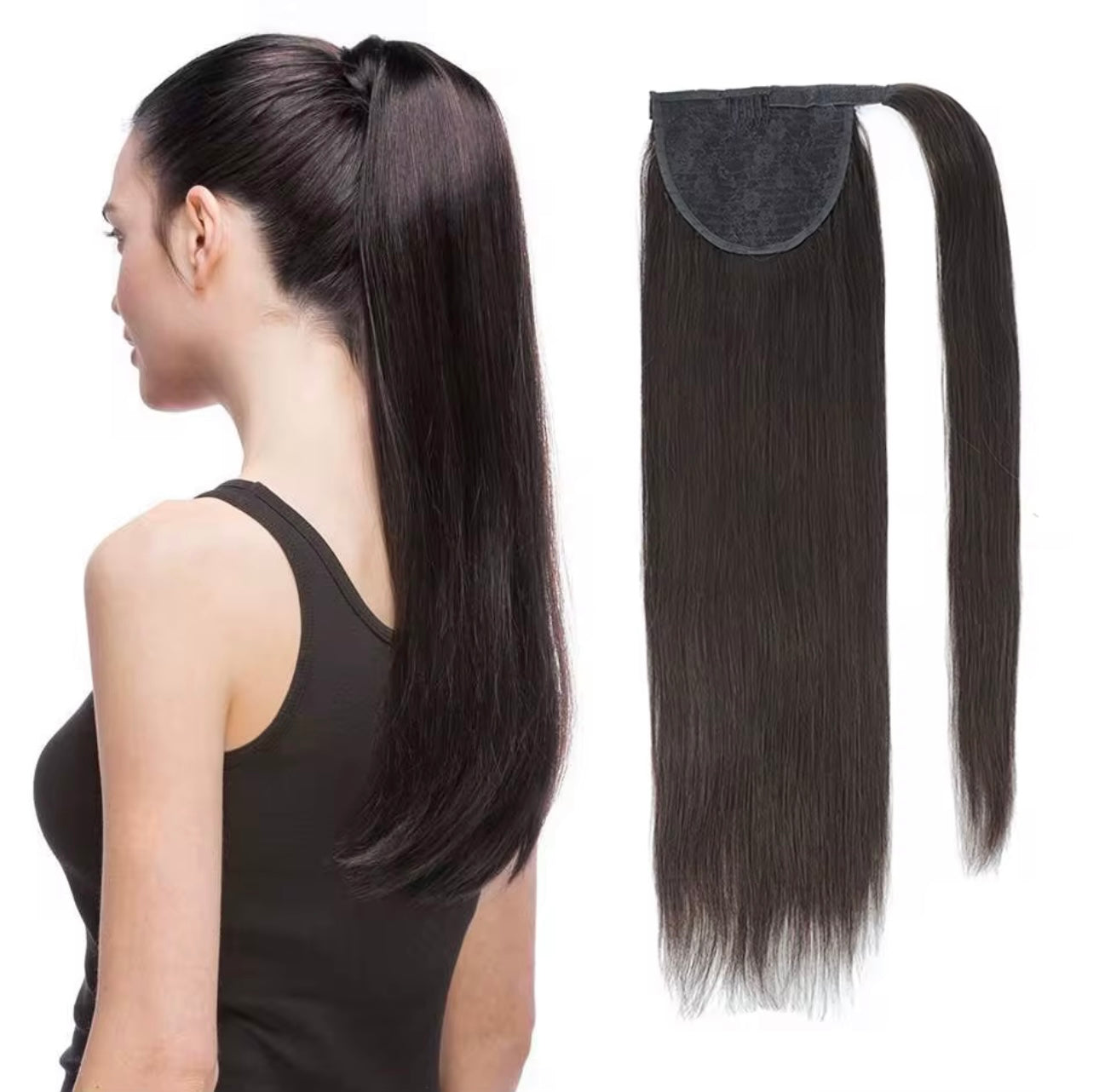 Woman with Raqlyn ponytail and a hair extension on a white background