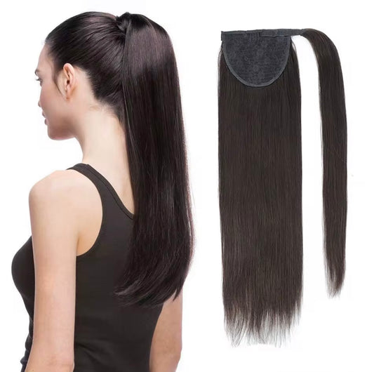 Woman with Raqlyn ponytail and a hair extension on a white background