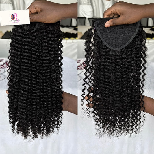 Two images showing hair extensions with Raqlyn brand label in the corner.