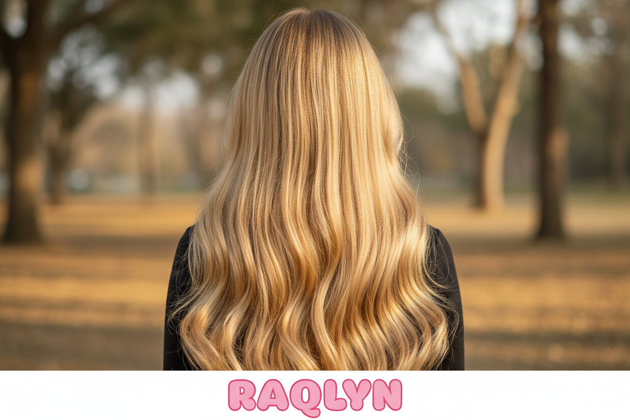Chica rubia de extensiones  'RAQLYN' branding.