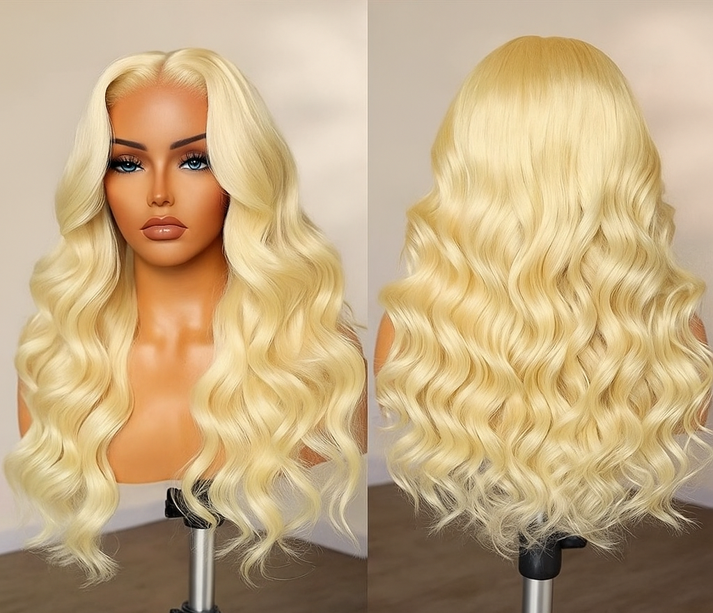 Blonde wig displayed on a mannequin head with a plain background raqlyn